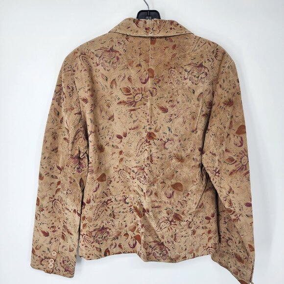 Vintage ITW Floral Print Suede Leather Jacket 12 Women's Button Down Boho Tan - Picture 2 of 8